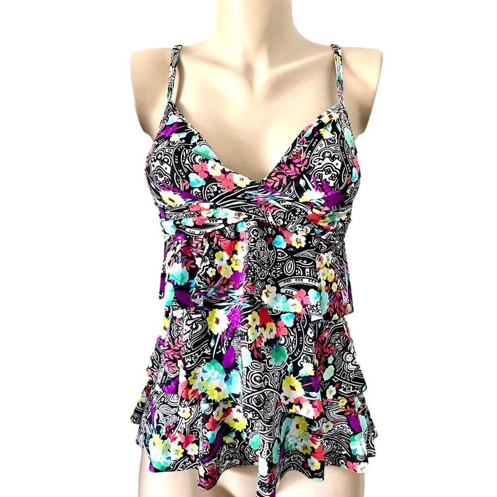 24th & Ocean Ruffled Floral Paisley Geometric Halter Tankini Top Size Medium